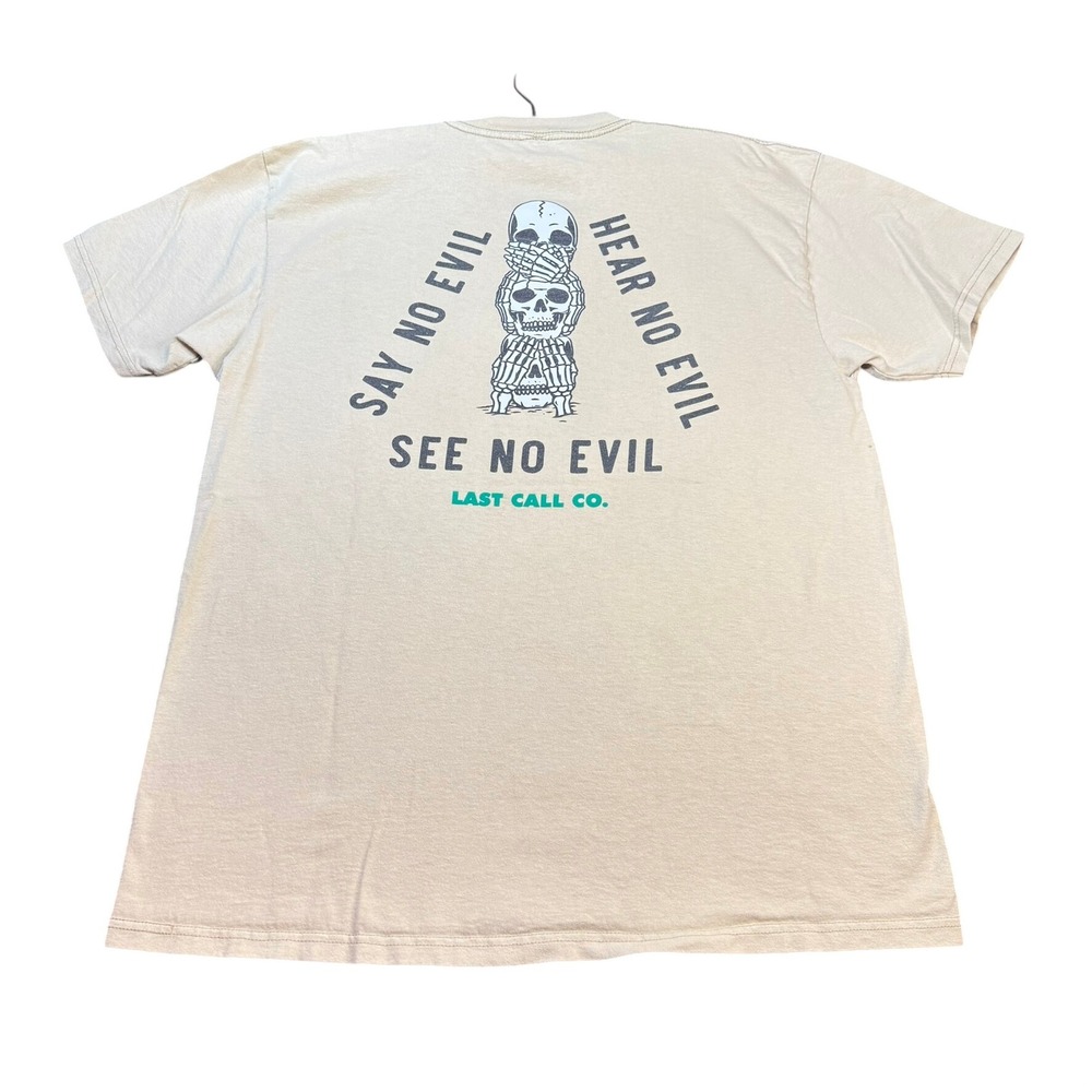 Last Call Co Men Large Tan See No Evil Skull Graphic Short Sleeve T-Shirt Cotton